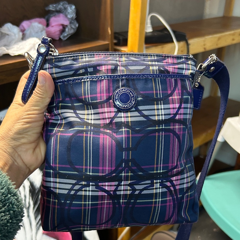 Coach Navy and Pink Plaid Crossbody Bag with Blue Strap